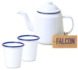 Enamel Tea set with white teapot with a blue border + 2 cups - Falcon