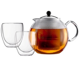 Chromed Assam tea press by Bodum 1.5 L capacity + 2 x 25 cl glasses